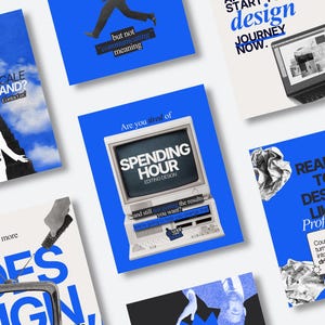 May include: A collection of blue and white graphic design posters with text like "DESIGN JOURNEY NOW" and "READY TO DESIGN LIKE A Professional". The posters feature images of a laptop, a vintage computer, and crumpled paper.