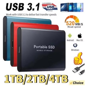 May include: Three portable SSD mobile storage drives in blue, red, and black. Text includes USB 3.1, 520 MB/S Read speed, 1TB/2TB/4TB, and logos for Android, Mac OS, and Windows. A USB cable and a yellow thumbs-up icon are also visible in the image.