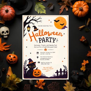 May include: A rectangular Halloween party invitation card featuring a black cat wearing a witch hat, a jack-o'-lantern, a full moon with bats, and a tree with a lantern. The text reads: You're invited to a Halloween Party, Costumes, Treats, and Spooky Fun!