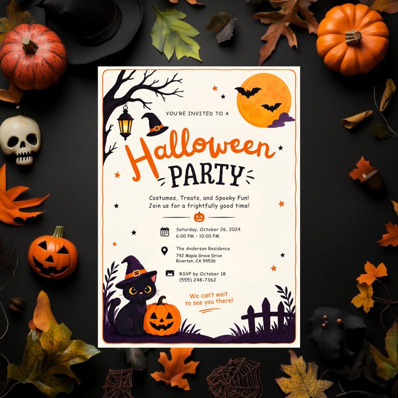 May include: A rectangular Halloween party invitation card featuring a black cat wearing a witch hat, a jack-o'-lantern, a full moon with bats, and a tree with a lantern. The text reads: You're invited to a Halloween Party, Costumes, Treats, and Spooky Fun!