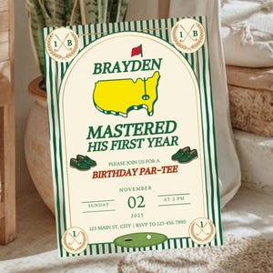 May include: A rectangular birthday invitation card featuring a cream background with green vertical stripes. The text reads BRAYDEN MASTERED HIS FIRST YEAR, PLEASE JOIN US FOR A BIRTHDAY PAR-TEE, NOVEMBER 02 2025, and includes a yellow map graphic.