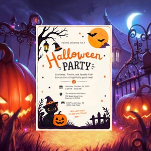 May include: A Halloween party invitation card featuring a black cat wearing a witch hat next to a jack-o'-lantern. The text reads: You're invited to a Halloween Party, Costumes, Treats, and Spooky Fun! Saturday, October 26, 2024, 6:00 PM - 10:00 PM.