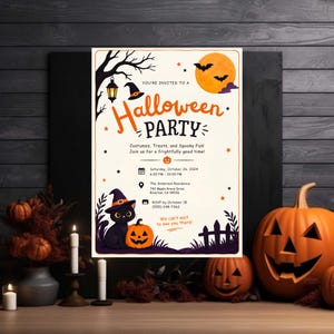 May include: A Halloween party invitation card featuring a black cat wearing a witch hat, a jack-o'-lantern, a full moon, bats, and a lantern. The text reads: You're invited to a Halloween Party, Costumes, Treats, and Spooky Fun, October 26, 2024.