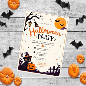 May include: A Halloween party invitation card featuring a black cat wearing a witch hat, a jack-o'-lantern, a full moon, and bats. The text reads: You're invited to a Halloween Party, Costumes, Treats, and Spooky Fun! Join us for a frightfully good time!