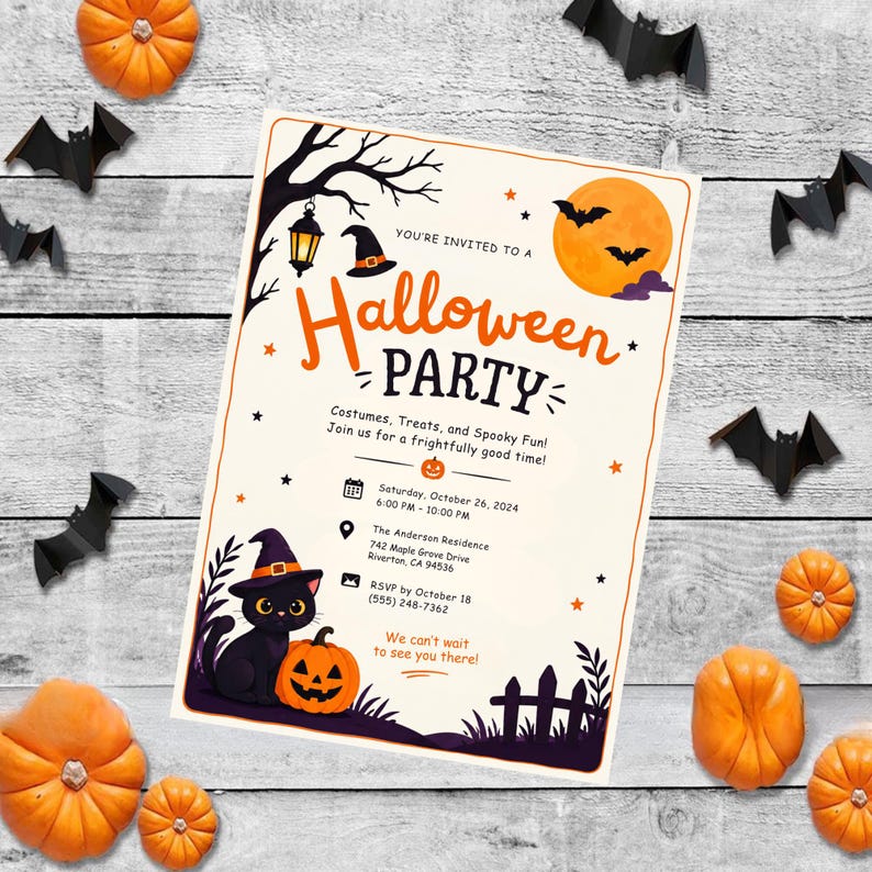 May include: A Halloween party invitation card featuring a black cat wearing a witch hat, a jack-o'-lantern, a full moon, and bats. The text reads: You're invited to a Halloween Party, Costumes, Treats, and Spooky Fun! Join us for a frightfully good time!