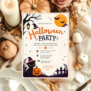 May include: A rectangular Halloween party invitation card featuring a black cat wearing a witch hat next to a pumpkin, a full moon with bats, a lantern, and text reading: You're invited to a Halloween PARTY, Costumes, Treats, and Spooky Fun!