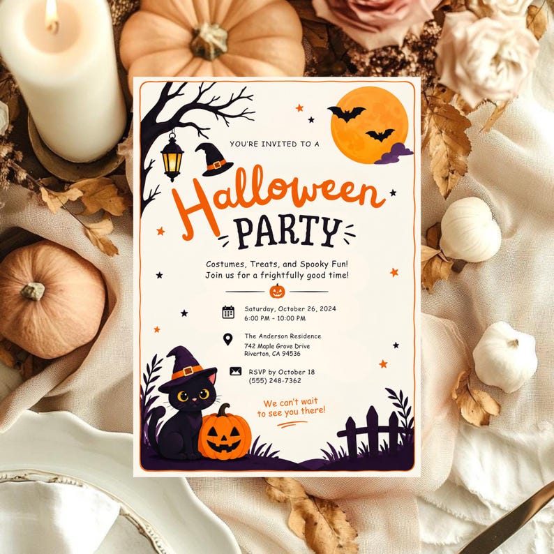 May include: A rectangular Halloween party invitation card featuring a black cat wearing a witch hat next to a pumpkin, a full moon with bats, a lantern, and text reading: You're invited to a Halloween PARTY, Costumes, Treats, and Spooky Fun!