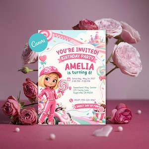 May include: A rectangular birthday party invitation card featuring a cartoon girl in a pink racing suit and cap, holding a lollipop next to a race car. The text reads: YOU'RE INVITED! BIRTHDAY PARTY AMELIA is turning 6! Saturday, May 16, 2027.