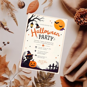 May include: A rectangular Halloween party invitation card featuring a black cat wearing a witch hat next to a jack-o'-lantern. The design includes a full moon, bats, a lantern, and text detailing the event on Saturday, October 26, 2024.