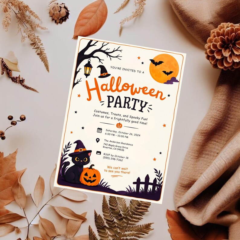 May include: A rectangular Halloween party invitation card featuring a black cat wearing a witch hat next to a jack-o'-lantern. The design includes a full moon, bats, a lantern, and text detailing the event on Saturday, October 26, 2024.