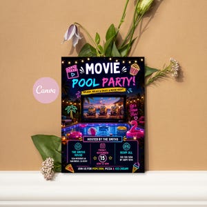 May include: A rectangular invitation card for a movie pool party featuring a dark background with neon-style text and graphics. The design includes a central image of a swimming pool with a movie screen showing three yellow characters, surrounded by floating pool toys, string lights, and event details including the date, time, location, and RSVP information for the Smiths.