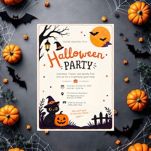 May include: A rectangular Halloween party invitation card featuring a black cat wearing a witch hat, orange pumpkins, bats, a full moon, and a lantern. The text reads: You're invited to a Halloween Party, Costumes, Treats, and Spooky Fun!