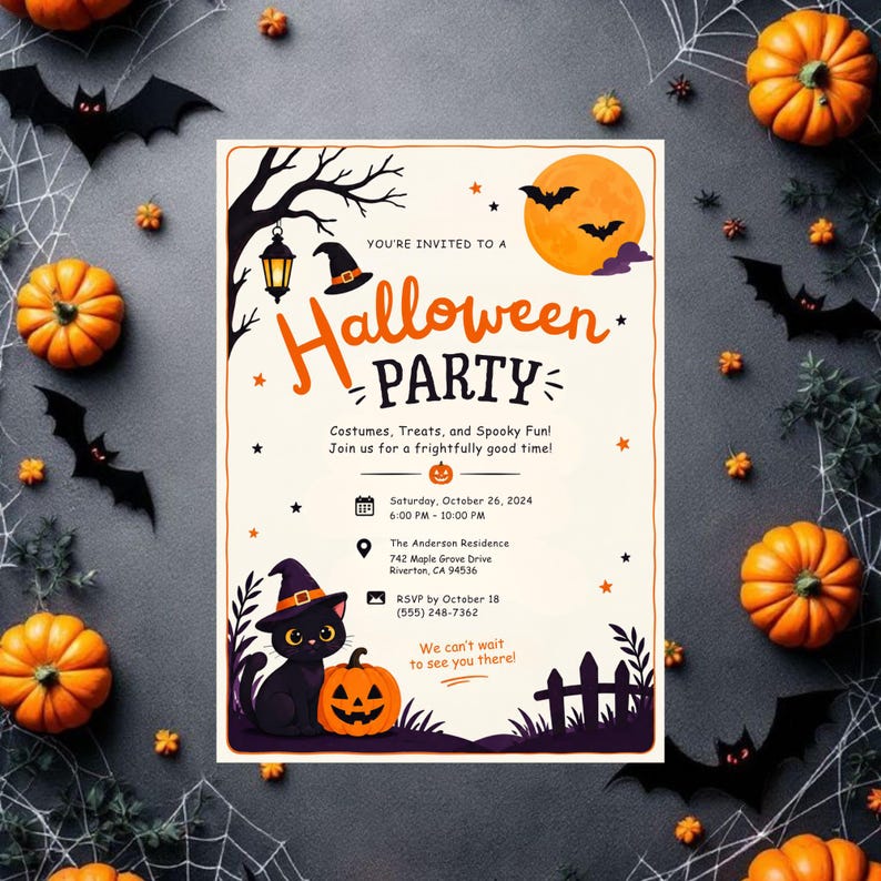May include: A rectangular Halloween party invitation card featuring a black cat wearing a witch hat, orange pumpkins, bats, a full moon, and a lantern. The text reads: You're invited to a Halloween Party, Costumes, Treats, and Spooky Fun!