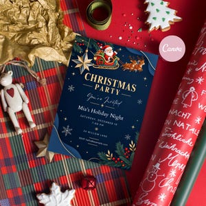 May include: A dark blue rectangular Christmas party invitation card featuring a gold star, Santa in a sleigh with reindeer, and text reading Christmas Party, You're Invited, Mia's Holiday Night, Saturday, December 19, 7:00 PM, 24 Willow Lane.