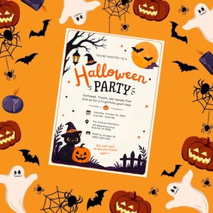 May include: A Halloween party invitation card featuring a black cat wearing a witch hat, a jack-o'-lantern, a full moon, and bats. The text reads: You're invited to a Halloween Party, Costumes, Treats, and Spooky Fun! Join us for a frightfully good time!