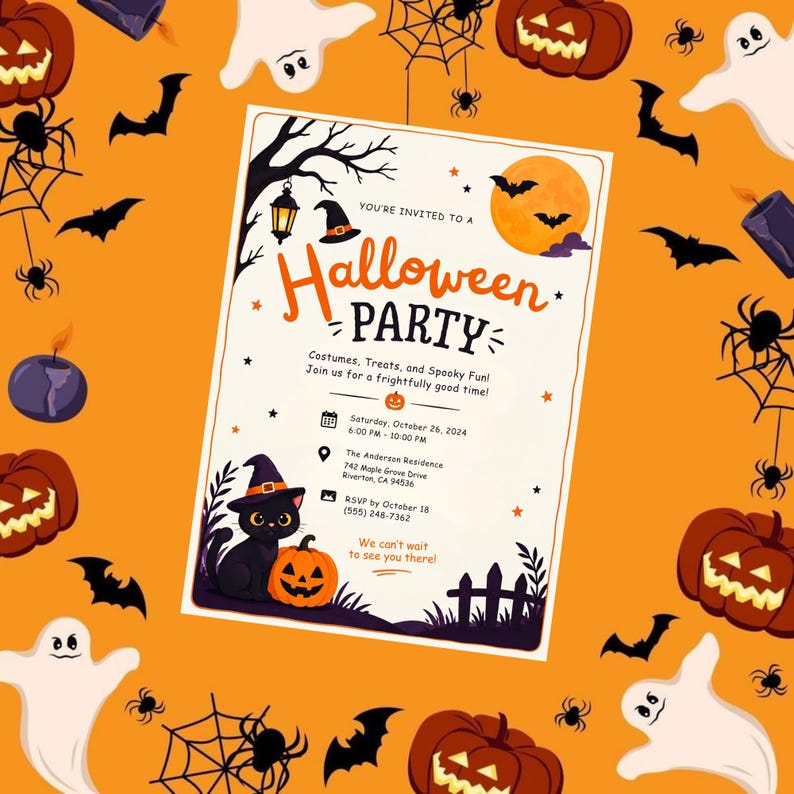 May include: A Halloween party invitation card featuring a black cat wearing a witch hat, a jack-o'-lantern, a full moon, and bats. The text reads: You're invited to a Halloween Party, Costumes, Treats, and Spooky Fun! Join us for a frightfully good time!