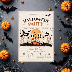 May include: A rectangular Halloween party invitation card featuring four ghosts wearing sunglasses sitting at a table with pumpkins, candles, and drinks. The text reads: You're invited to a Halloween Party, Emma Wilson's Halloween Party, October 31, 2026.