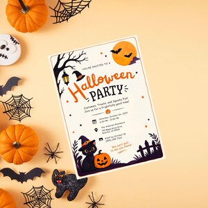 May include: A rectangular Halloween party invitation card featuring a black cat wearing a witch hat, a jack-o'-lantern, a full moon, bats, and a tree silhouette. The text reads: You're invited to a Halloween Party, Costumes, Treats, and Spooky Fun.
