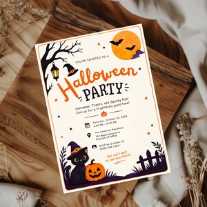 May include: A rectangular Halloween party invitation card featuring a black cat, a pumpkin, a witch hat, a lantern, and a full moon. The text reads: You're invited to a Halloween Party, Costumes, Treats, and Spooky Fun, Saturday, October 26, 2024.