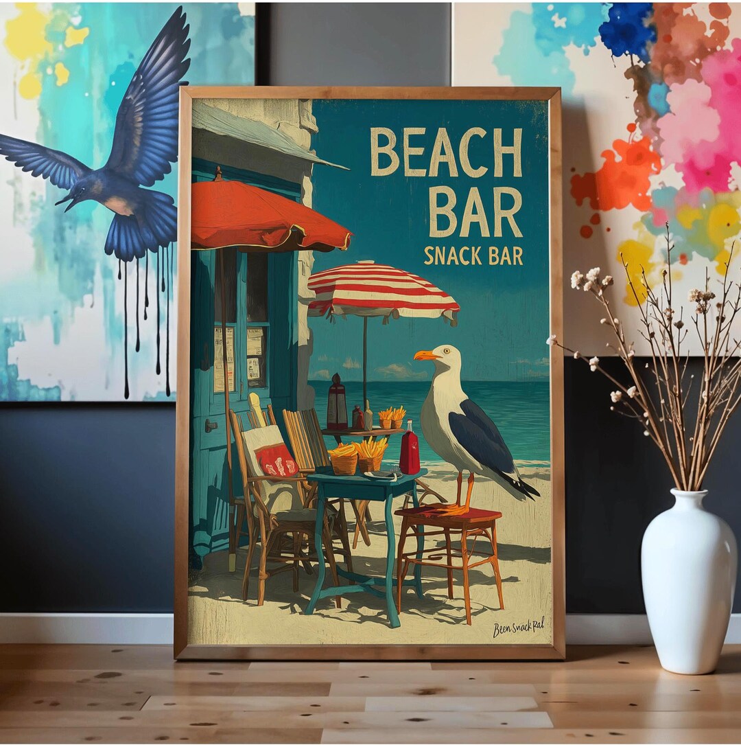 Beach Bar Seagull Poster – Vintage Coastal Snack Bar Wall Art - Etsy