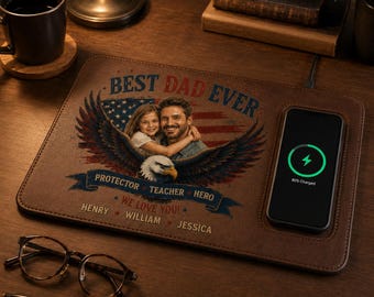 Personalized Best Dad Ever Wireless Charging Desk Mat, Custom Father’s Day Gift for Dad, Eagle American Flag Desk Pad