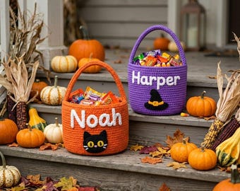 Personalized Halloween Crochet Basket, Custom Name Trick or Treat Candy Bucket, Cute Cauldron Candy Bag for Kids