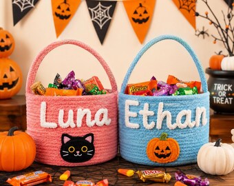 Custom Name Crochet Halloween Basket, Personalized Trick or Treat Bag, Cute Witch Cauldron Candy Bucket for Toddler
