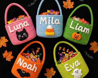 Personalized Crochet Candy Basket, Custom Halloween Treat Bucket, Cute Cauldron Trick or Treat Bag for Kids