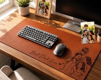 Personalized Dad We Love You Desk Mat, Custom Photo Sketch Line Art Mouse Pad, Leather Father’s Day Gift, Daddy & Kid Desk Pad