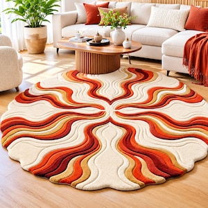 Hand Tufted Wool Round Rug, Abstract Wave Pattern, Cream Rust Orange Accent