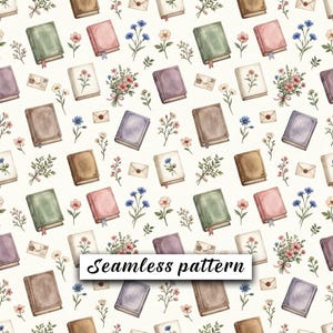 Könnte beinhalten: Ein nahtloses Muster mit Aquarellillustrationen von Büchern in Grün-, Braun-, Rosa- und Violetttönen, durchsetzt mit kleinen Blumensträußen, Grünzweigen und versiegelten Umschlägen auf cremefarbenem Hintergrund mit dem Text Seamless pattern.