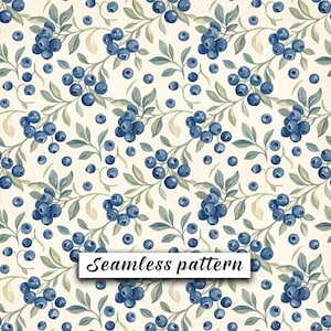 Könnte beinhalten: Ein nahtloses Muster mit Trauben aus dunkelblauen Heidelbeeren und hellgrünen Blättern auf cremefarbenem Hintergrund. Der Text "Seamless pattern" ist in Schwarz in der Mitte des Bildes über der botanischen Illustration abgedruckt.
