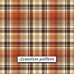 May include: A seamless plaid pattern featuring a grid of intersecting horizontal and vertical lines in shades of burnt orange, dark brown, tan, and cream. A white rectangular label with the black text Seamless pattern is centered.