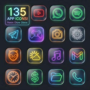 May include: A collection of 135 neon glow glass app icons. Each icon features a different design, including a camera, music note, and dollar sign. The icons are outlined in bright colors against a dark background.