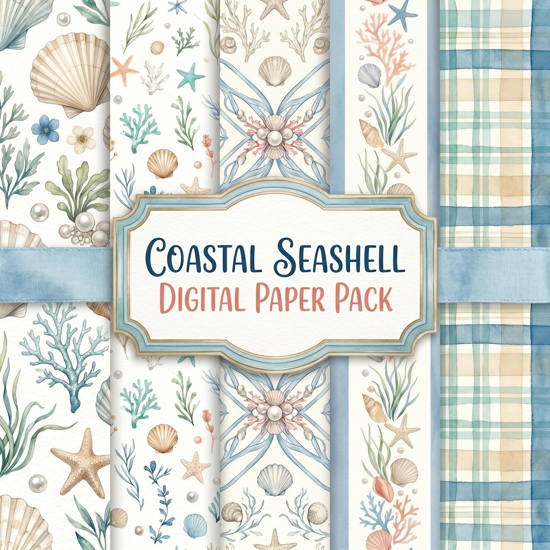 Coastal Seashell Digital Paper Pack, Seamless Beach Patterns ...