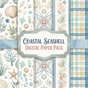 Puede incluir: Un paquete de papel digital con patrones de conchas marinas costeras con ilustraciones en acuarela de estrellas de mar, coral, algas y perlas. Una etiqueta central muestra el texto Coastal Seashell Digital Paper Pack en letras azules y naranjas.
