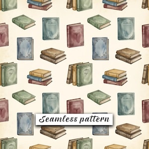 Peut inclure: Un motif répétitif composé d'illustrations à l'aquarelle de livres dans des tons de vert, bleu, rouge et beige. Les livres sont représentés debout ou empilés horizontalement sur un fond crème clair. Le texte indique Seamless pattern.