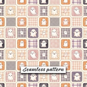 May include: A seamless pattern featuring a grid of rounded squares containing white cartoon ghosts. The background consists of alternating orange, purple, and beige plaid and gingham squares. The text Seamless pattern is centered in white.