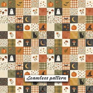 May include: A seamless pattern featuring a grid of squares with illustrations of pumpkins, ghosts, black cats, witch hats, crescent moons, bats, mushrooms, acorns, autumn leaves, flowers, and plaid textures in orange, brown, green, and black.