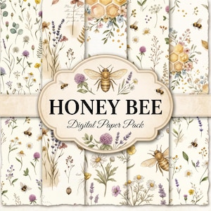 Digitalt papperspaket med honungsbi, sömlöst mönster med vildblommor, akvarell botaniskt scrapbookpapper, utskrivbart skräpjournalpapper, 12x12 JPG