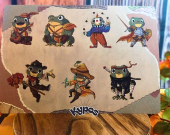 Fantasy Frog Sticker Sheet A5 – Large sticker sheet with 7 RPG classes – D&D frogs for bullet journals & laptops – Hand-drawn set