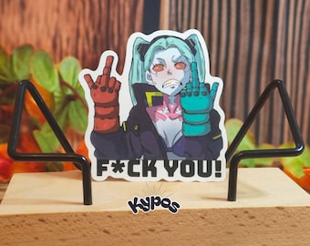 Cyberpunk Rebecca Sticker – “F*CK YOU” 6 cm Vinyl Sticker – Edgerunners Fanart – Cheeky Anime Sticker for Laptops & Gaming Setups