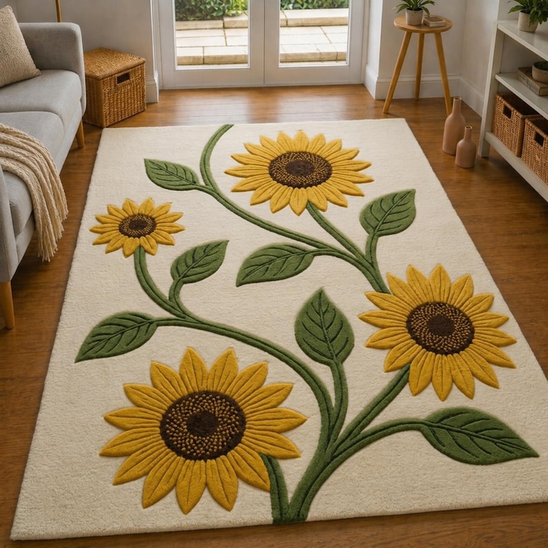 Hand Tufted Sunflower Rug – Floral Botanical Area Rug in Ivory & Green ...