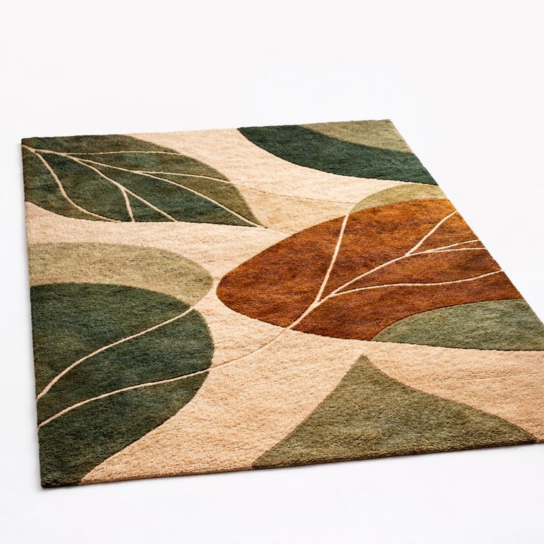 Abstract Leaf Hand Tufted Wool Rug, Green Rust Beige Botanical Carpet ...