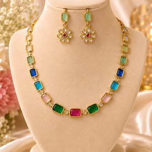 Multi Color Gemstone Necklace – Dainty Station Chain with Colorful Cubic Zircon Rainbow Statement, Elegant Geometric Jewelry Gift for Her