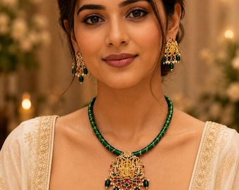 Conjunto de joias do Templo Lakshmi com brincos Jhumka, colar tradicional do sul da Índia, colar dourado para noivas, presente para ela.