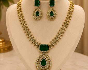 Vintage Emerald Green Stone Necklace Set With Matching Earrings, Gold Plated Bridal Jewelry Set For Women, Wedding Party Gift For Her
