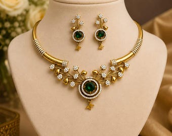 Handmade Green Gold Plated Moissanite Choker Necklace Set With Earrings, Indian Gold Bridal Jewelry Set Gift for Women