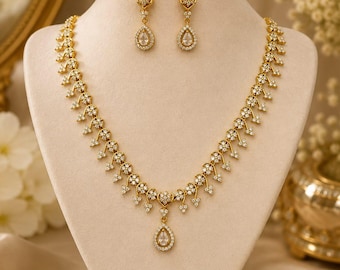 Conjunto de joias de noiva em ouro rosa com zircônias cúbicas em formato de marquise, colar com pingente de folha de diamante e cristal, joia festiva e ideal para presente de casamento.