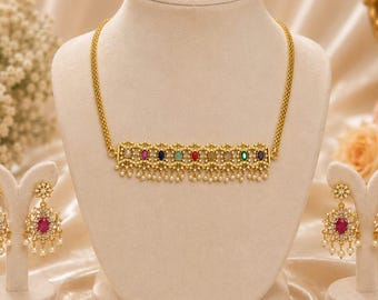 Vintage Multicolor Gemstone Choker Necklace & Earrings Set, Rainbow Cubic Zirconia Tennis Necklace Set, Elegant Geometric Jewelry for Her